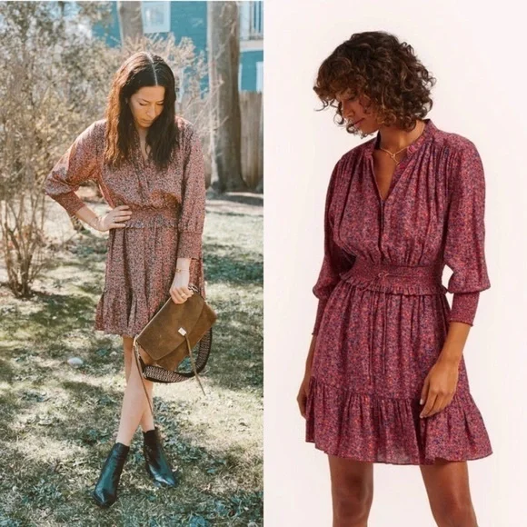 REBECCA MINKOFF Ruffle Hem Smocked Tie Waist Long Puff Sleeve Floral Dress XXL - Picture 7 of 14